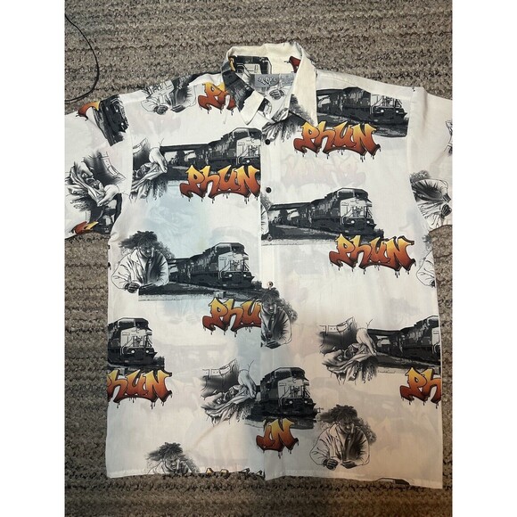 Vintage Rare Up Roc Button Down Shirt Short Sleeve Men's Hip Hop Graffiti Trains - Picture 1 of 6